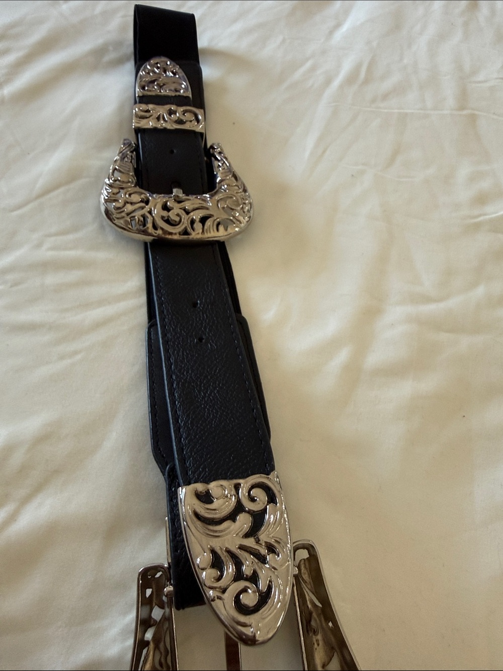 Black Western-Style Double Buckle Belt with Ornate Silver Hardware #33in stretch - Picture 5 of 5